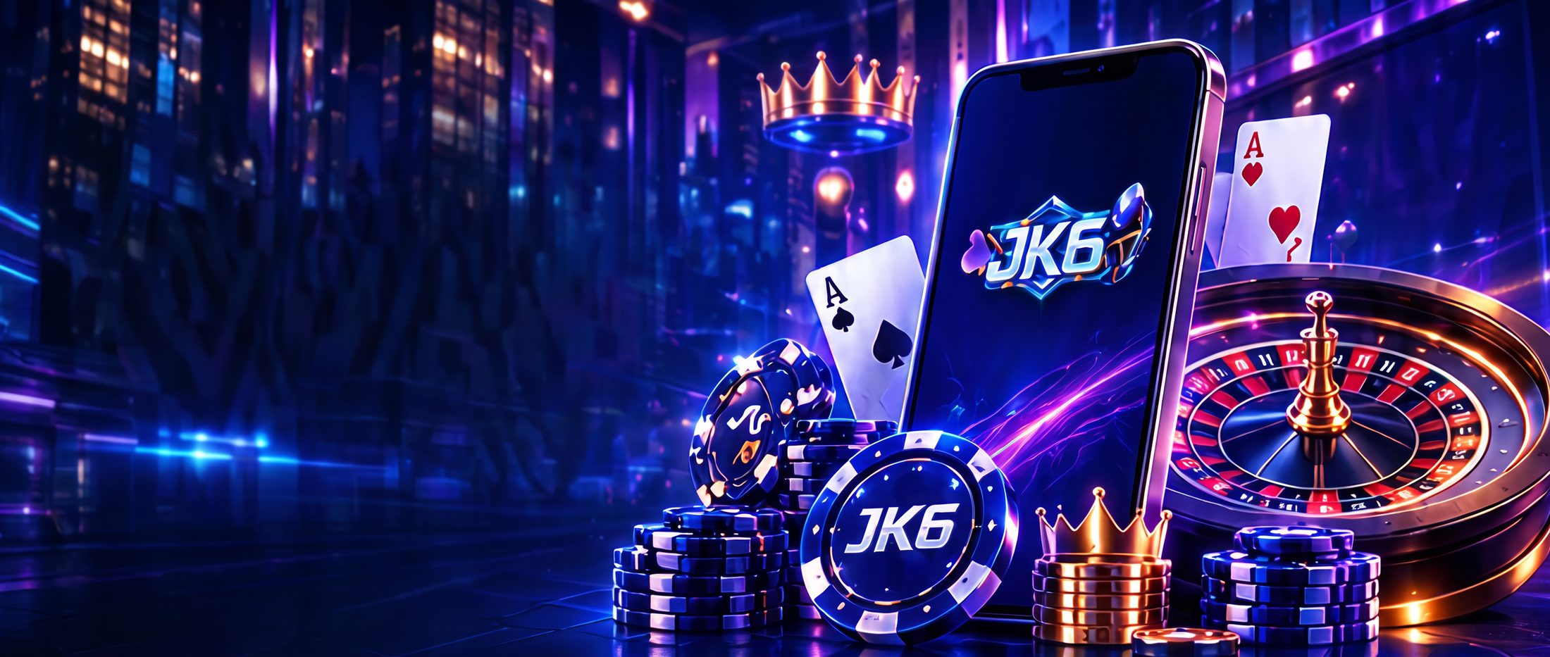 JK6 app on a phone with casino chips, cards and a roulette wheel