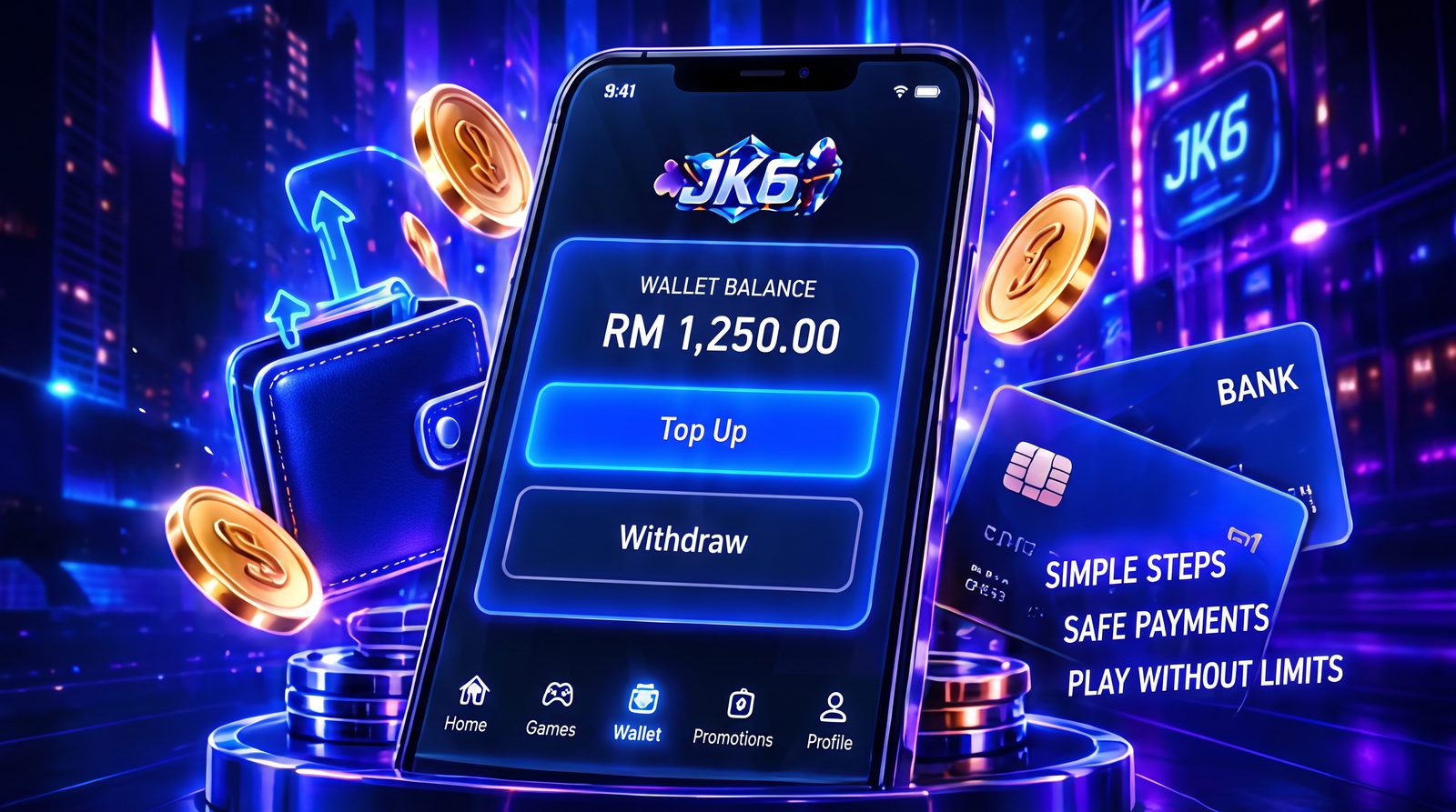 JK6 wallet on a phone with coins and bank cards